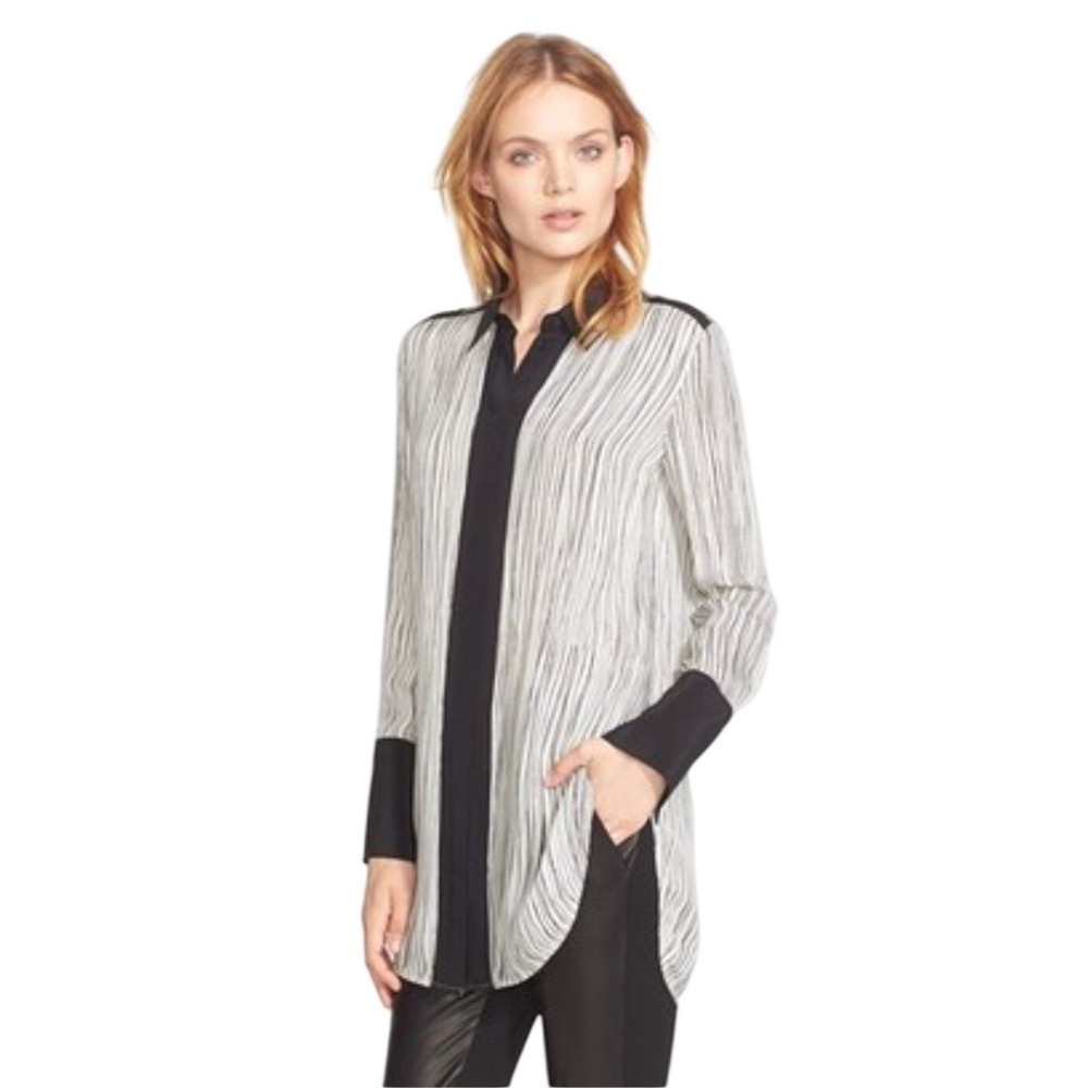 Vince 100% Silk Striped Blouse Black White Long Sleeve Button Down Tunic Small